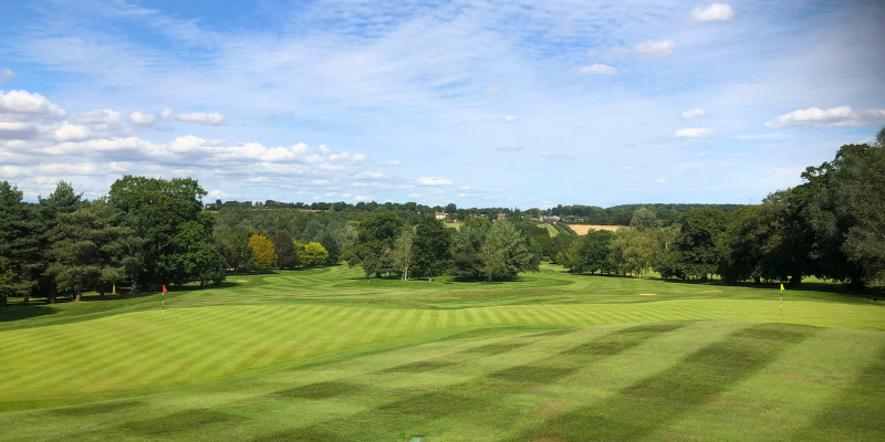 Colne Valley Golf Club 18th green from the clubhouse